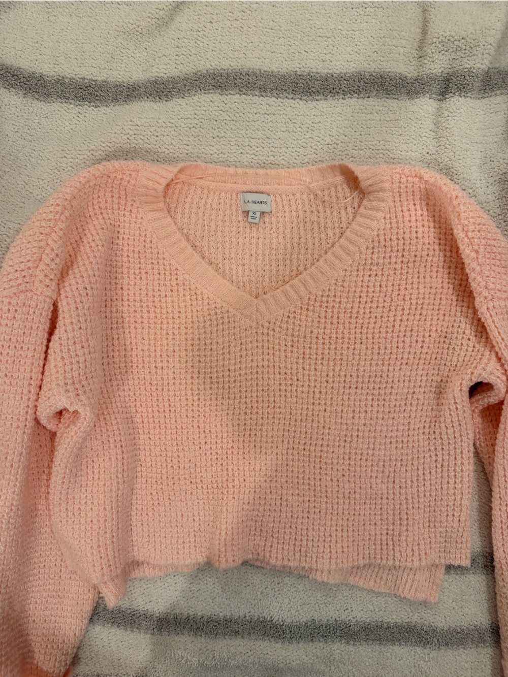 La Hearts Soft Peach V-Neck Waffle Knit Sweater